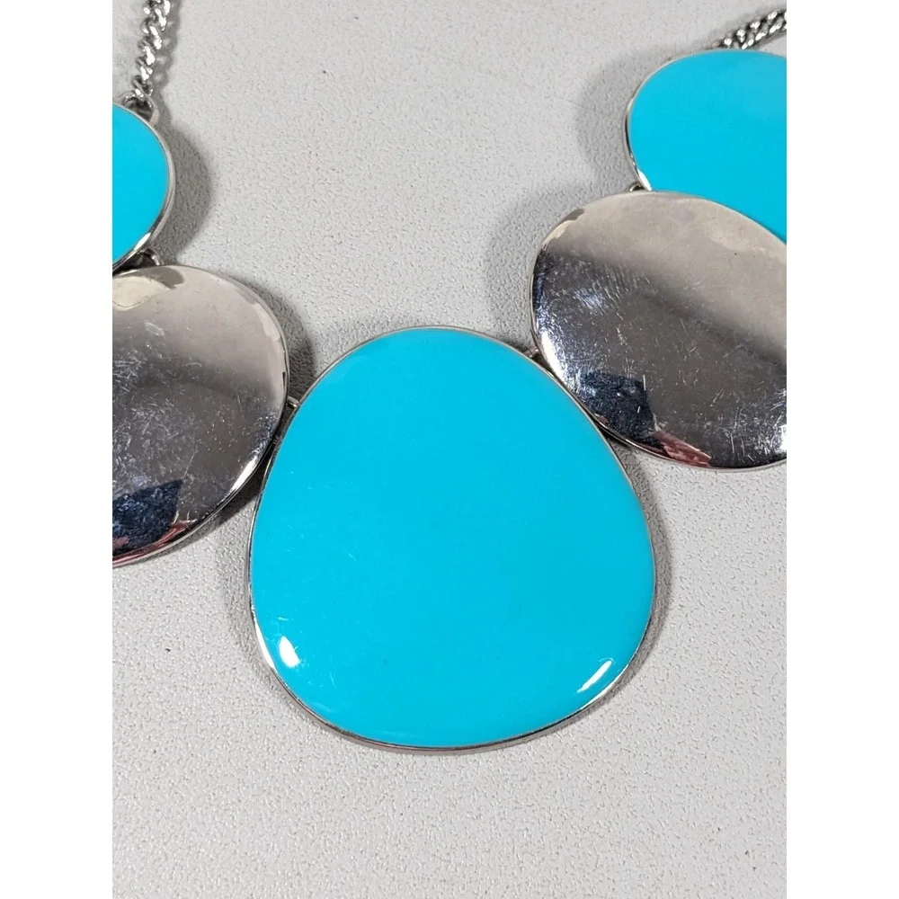 Blue Enamel Oval Panel Statement Necklace Silver Tone‎ 22